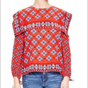 SANDRO “Dalla” Scarlet Red Silk Mosaic Print Cold Shoulder Top Blouse S